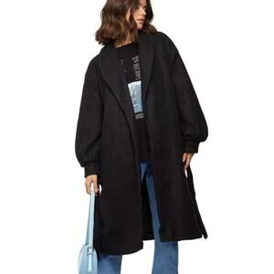 NWT VILA Oversized Puff Sleeve Belted Robe Coat in Black SZ S